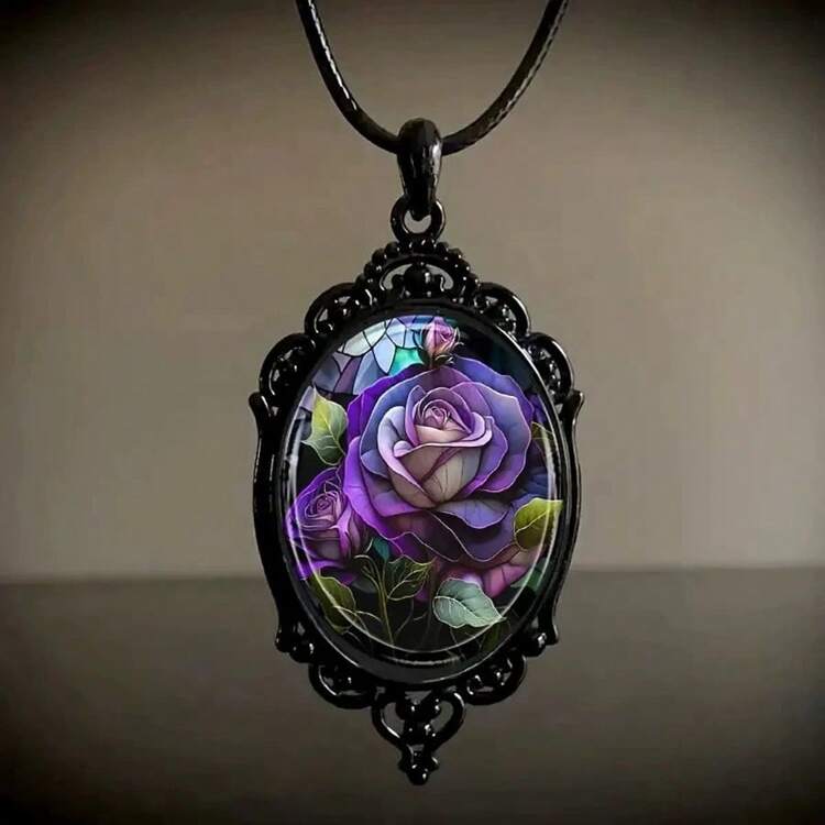 1pc Exquisite Oval Black Frame Time Glass Decoration Pink Rose Flower Pattern Pendant Necklace, Retro Romantic Jewelry For Valentine's Day, Anniversary, And Holiday Gift. Valentines,Mom,Mother,Mother's Day,Gift - Rose Necklace - View 16