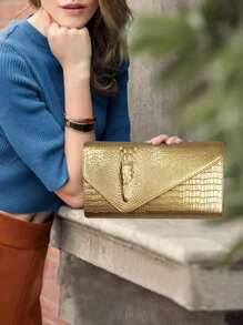 Luxury PU Leather Crossbody Bag, Fashion Versatile Women's Tote Handbag, Crocodile Pattern Clutch Bag - Gold - View 4