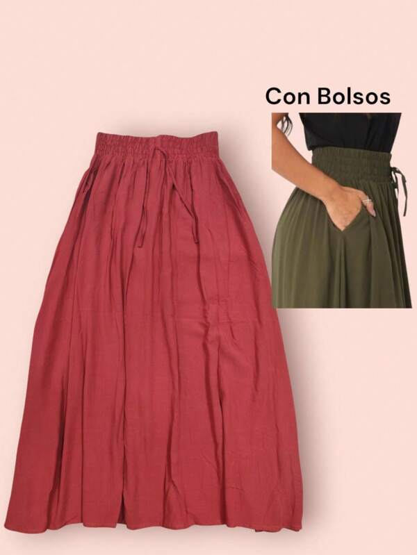 Saia Longa Feminina  Viscolinho Cor Terracota  Cós Largo  Com Bolsos – Look Deslumbrante em Tamanho Único!
