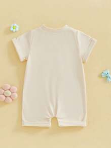Baby Girls Summer Sweet Jumpsuit Short Sleeve Round Neck Bow Embroidery Casual Romper - Apricot - View 4