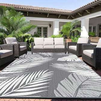9ft X 12ft Outdoor Plastic Mat, Reversible Camping Rug For Patio, RV, Large Area Carpet For Deck, Backyard, Balcony, Porch, Beach, Grey And White