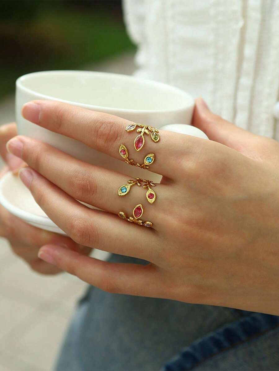 1pc Stainless Steel Leaf Design Colorful Zirconia & Rhinestone Ring, Suitable For Wedding, Party, Gathering - Multicolor - View 1