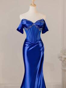Elegante vestido de noche de sirena con hombros descubiertos, corsé y abertura lateral de lujo para mujeres - azul real - Ver 5