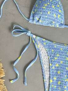 Women's Beachwear Summer Vacation Outfits,Lemon Yellow Daisy Floral Printed Shirred Triangle Bikini Tie Side Bottom Swimwear Set Beachwear - Blue - View 4