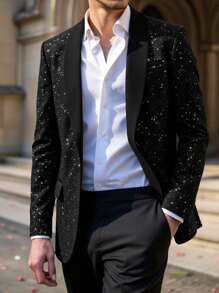 Men's Blazer Jacket, Shiny Casual Business Style With Starry Print, Suitable For Evening Gala, Wedding, Party - Black - View 3