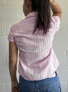 Women Vinatge Button Up Shirts Y2k Crop Tops Striped Short Sleeve V Neck Blouse Slim Fitted Lapel Collared T Shirts Casual Summer E-Girl Streetwear Retro Grunge Aesthetic Clothes 90s Work Office Blouse Dressy Tops - Hồng - Xem 5