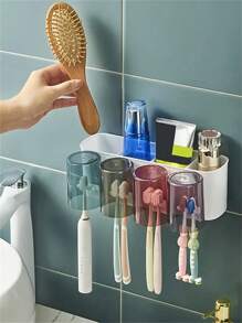 4 In 1 Toothbrush Holder Set With Self-Adhesive, Wall Mounted Toothbrush Organizer, Easy Installation Space-Saving Bathroom Accessory Home Bathroom Decor Fall Decor Back To School