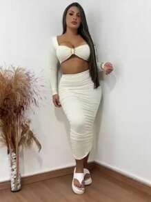 Conjunto Feminino com Cropped Manga Longa e Saia Longa – Moda Elegante e Moderna - Branco - Visão 1