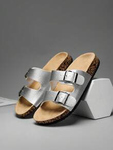 2025 时尚扣环平底软木拖鞋，海滩风格夏季男女通用户外休闲凉鞋 - 銀色 - 查看 5