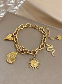 1Pc Stylish Sun Snake Seashell Heart Pendant Stainless Steel Bracelet For Women & Couples - Beach Essential, Summer Must-Have, Holiday Gift, Travel Jewelry - Gold & Silver Options - Multicolor - View 3