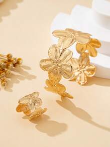 Bohemian Style Adjustable Metal Flower Bracelet And Ring Set, Suitable For Daily Wear And Gifting - Yellow Gold - View 2
