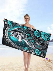 1 件玫瑰狼图案沙滩巾，超强吸水速干游泳巾，轻盈柔软的沙滩毯，适合海滩、游泳、户外、露营、旅行，是理想的海滩必备品，是送给家人和朋友的夏季旅行、假期浴室装饰的绝佳礼物