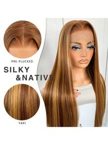 蕾丝前假发，直发假发，蜜金色合成蕾丝假发，长直发，13x5x1高清蕾丝假发，自然逼真，无需胶水，日常佩戴 - 挑染金色 - 查看 6