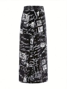 [Họa tiết hình học] Chân váy midi cỡ lớn, 1 chiếc, chất liệu polyester, dáng chữ A, họa tiết hình học, có túi, phù hợp cho mọi mùa, màu đen, thích hợp cho kỳ nghỉ xuân. - màu đen - Xem 2