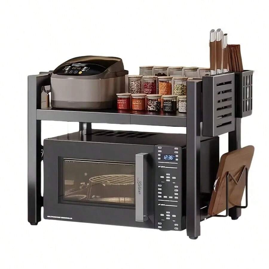 1 Set Of Space-Saving Black Metal Kitchen Storage Rack With Telescopic Rack - Multifunctional Storage Rack For Microwave, Electric Cooker, Spices, Bowls, Chopsticks And Cups - Durable, High Load Carrying Capacity, Microwave Rack, Utility Rack - 黑色 - 查看 1