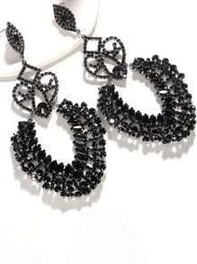 European & American Style Silver Needle Drop Earrings, High-End Rhinestone Diamond Earrings, Exaggerated Jewelry - Black - View 3