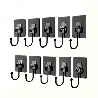 10pcs Heavy Duty Adhesive Hooks, 22 Lbs Capacity, Rust-Resistant Plastic Wall Hooks, Suitable For Home Organization, Garage Storage And Tool Hanging, Stylish Black Finish With Polished Chrome Accent, Easy Installation Without Drilling, Tool Hooks | Fashionable Modern Hooks | Secure Wall-Mounted Installation