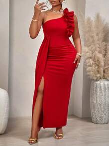 BIUBIU Plus Size Women's Solid Color Asymmetric Shoulder Ruffle Pleated Design Sleeveless Elegant Slit Maxi Dress, Suitable For Party, Date, Singles Party, Formal Dinner Or Grand Events, Elegant Red Christmas Dress Summer - Red - View 2