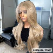 Peluca de encaje frontal rubia de 22 pulgadas de largo con onda y reflejos, peluca sintética de cabello Kanekalon resistente, sin pegamento, de 13x6 pulgadas, con flequillo de cortina, línea de cabello libre, densidad del 150%, lista para usar, para uso diario, fiesta, festival y días festivos. Pelucas sintéticas amigables para principiantes con encaje transparente