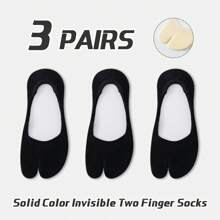 3 Pairs Women's Plain Solid Color Comfortable Antibacterial Moisture-Wicking Two-Toe Japanese Zori Style Low Vamp Hidden Heel Non-Slip Toe Socks, Suitable For All Seasons