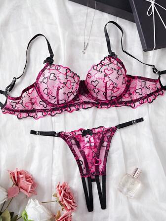 Rose Red Heart Embroidery Mesh Sheer Intimate Lingerie Set