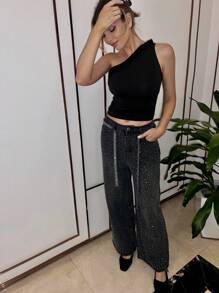 Steal The Show! High-Waisted, Wide-Leg Jeans With Abundant Starry Rhinestones - A True Fashion Statement - Black - View 3