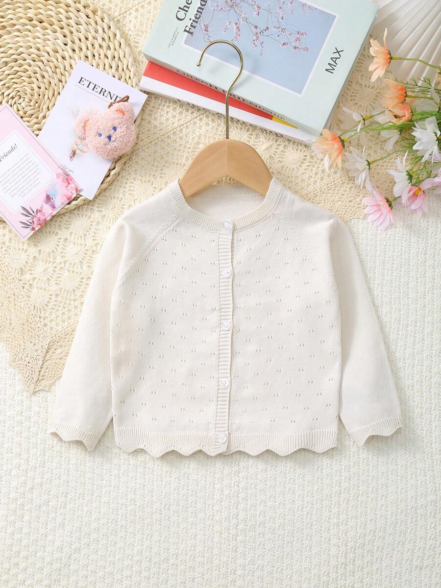 Infant Girls Lightweight Hollow Floral Pattern Button Crochet Long Sleeve Cardigan - Beige - View 1