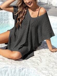 大码女式镂空休闲性感半透明沙滩泳衣罩衫度假黑色夏季 - 黑色 - 查看 4