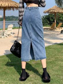 女式可调节腰部休闲复古水洗开衩下摆宽松长款牛仔裙 - 淺藍色 - 查看 7