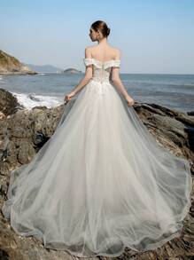 春季新款优雅露肩布里奇顿风格白色蕾丝贴花紧身胸衣网眼优雅新娘婚纱 - 白色 - 查看 2