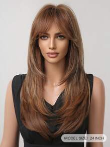 棕色挑染自然分层假发带刘海，适合时尚女士优雅棕色长直假发日常派对角色扮演使用