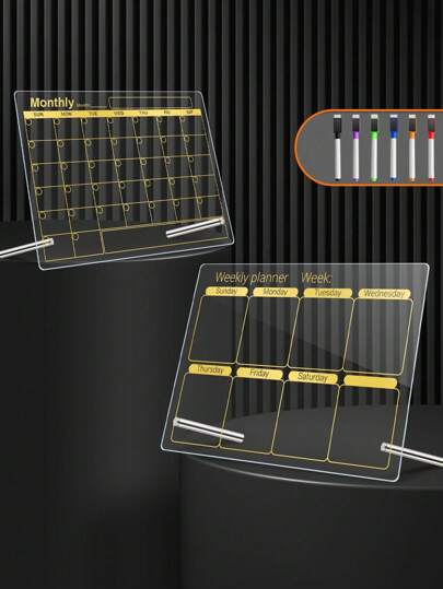 1 Set Gold Line Acrylic Memo Board, Erasable Office Decor Planning Board, Desktop Acrylic Message Board, High-Quality Message Board, Home/Office Planning Board, Gold Message Board (6 Magnetic Whiteboard Markers Included)