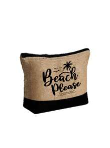 女士沙滩主题手提包套装，饰有艺术感十足的“沙滩沙滩”字样和棕榈树印花，包含1个大容量手提包和2个化妆包。 - 卡其色 - 查看 13