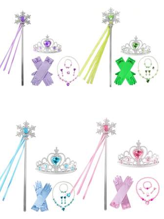 9pcs Set  Princess Dress Up Party Accessories For Princess Costume Gloves Tiara Wand Necklace Earrings Bracelet And Ring Gift