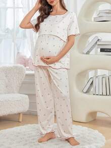 两件套柔软舒适的孕妇/哺乳服套装，碎花短袖上衣搭配波浪下摆长裤，家居服夏季度假之选 - 彩色 - 查看 2