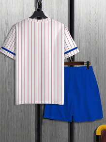 2pcs/Set New Men Mixed Color Stripe & Letter Print 3D T-Shirt And Shorts, Comfortable Fit, Suitable For Summer Outdoor Sports And Casual Wear