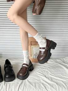 Mocasines de suela gruesa y color liso para mujer, estilo escolar con cordones, zapatos cómodos y ligeros