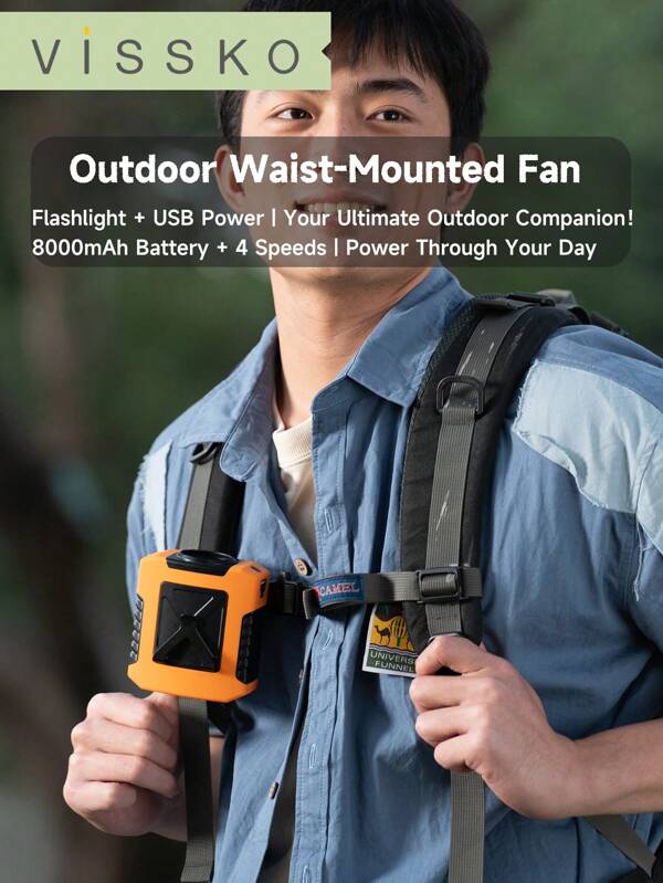 ViSSKO Ventilador de cintura resistente para hombres - 4 velocidades, batería de 8000mAh, linterna y salida USB