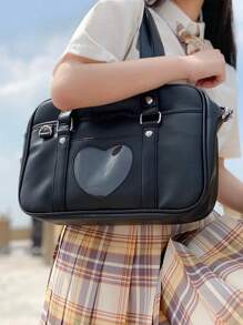 Heart-Shaped Transparent Tote Bag With Shoulder Strap, Large Capacity And Compartments - Black - View 3