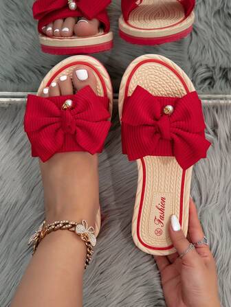 Women's 2025 Spring/Summer Fashion Elegant Classic Outdoor Anti-Slip Wear-Resistant Bowknot Open Toe Slippers, Ladies' Beach Holiday Casual Sandals