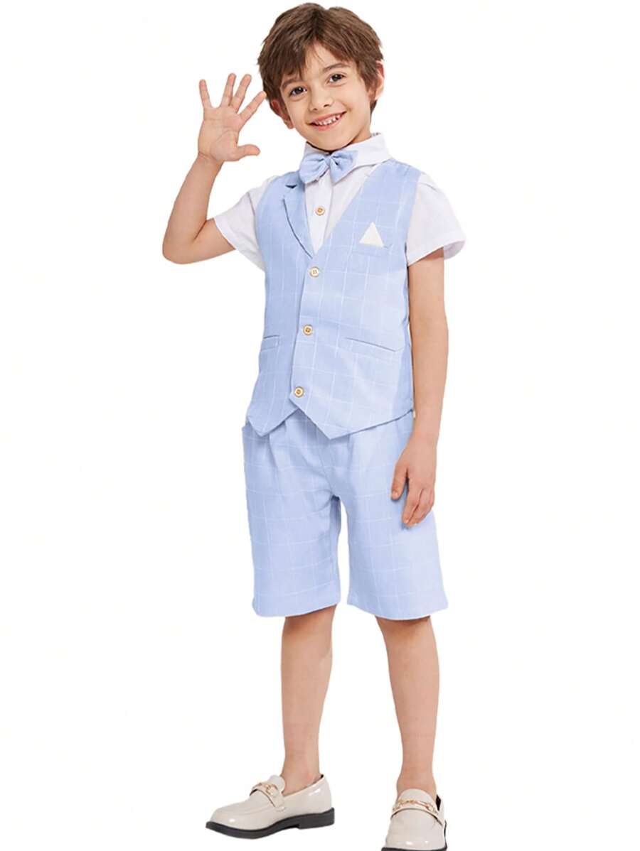 LONTAKIDS Boys Summer Suit Dress Clothes Kids Wedding Ring Bearer Outfit 4Pcs Shirt Vest Shorts Set - 藍色 - 查看 1