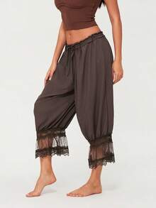 Women Y2K Half Slip Under Dress Pettipants Mid Rise Lace Patchwork Bloomers Trousers Ruffle Pantaloons Cropped Flared Pants Cute Pumpkin Long Pants - màu nâu - Xem 5
