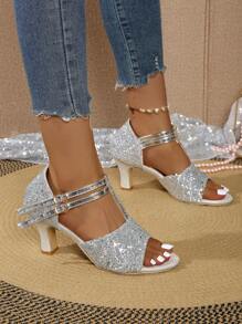 Neue 2025 Pailletten feine Sandpeeling-Oberfläche. Bequem. Offene Spitze. Modische Beach Party Damen High Heels. Silberne Absätze. Goldene Absätze. Schwarze High Heels - Silber - Übersicht 4