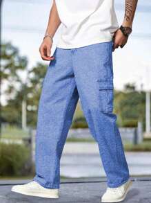 1pc Teen Boys Casual Loose Solid Color Multi-Pocket Straight Cargo Pants, Suitable For Gym, Outdoor, Academy, Spring/Summer/Autumn - Blue - View 4