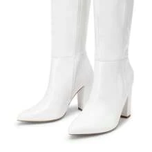 Women's Knee-High Boots, Comfortable Chunky Block Heel Pointed Toe Pull On Side Zipper Suede Slouch Riding Boots - White - View 3