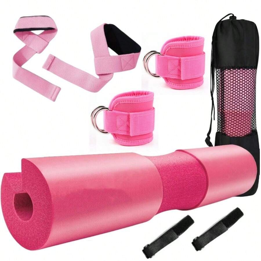 1 套粉色杠铃垫肩垫，包括 1 个垫子、1 对脚踝绑带和 1 对腕带，适合健身、瑜伽、燃脂 - 粉色 - 查看 1