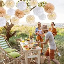 16pcs Wedding Party Decor White, Cream, Brown 10in Paper Flowers Balls*6, String Paper Flower Ball Set, Birthday Party Background Decor Pompoms, Suitable For Festivals, Anniversaries, Valentine's Day Decorations