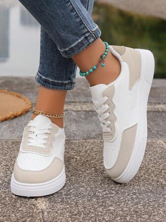 新款女式白色系带皮革运动鞋，圆头低帮厚底一脚蹬鞋，时尚透气防滑学生滑板鞋