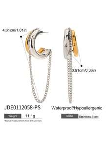 Uworld 1pc Women's Streamlined Symmetrical Gold And Silver Color Blocked C-Shaped Tassel Line Earrings 18K Gold Stainless Steel Earrings Suitable For Daily Communicating Decoration Party And Travel