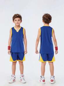 2pcs Boy's Customized Basketball Jersey Set, Children Summer Sports Suit, Student Basketball Competition Team Uniform, Sleeveless Vest Customized With Text, Blue Basketball Jersey, Student Basketball Jersey Customized With Name, Basketball Uniform, Student Basketball Uniform, Boys & Girls Basketball Uniform, Personalized Children Basketball Jersey - Royal Blue - View 8